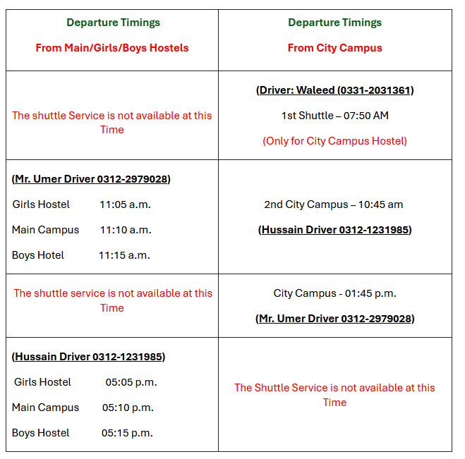 Shuttle Service Timing