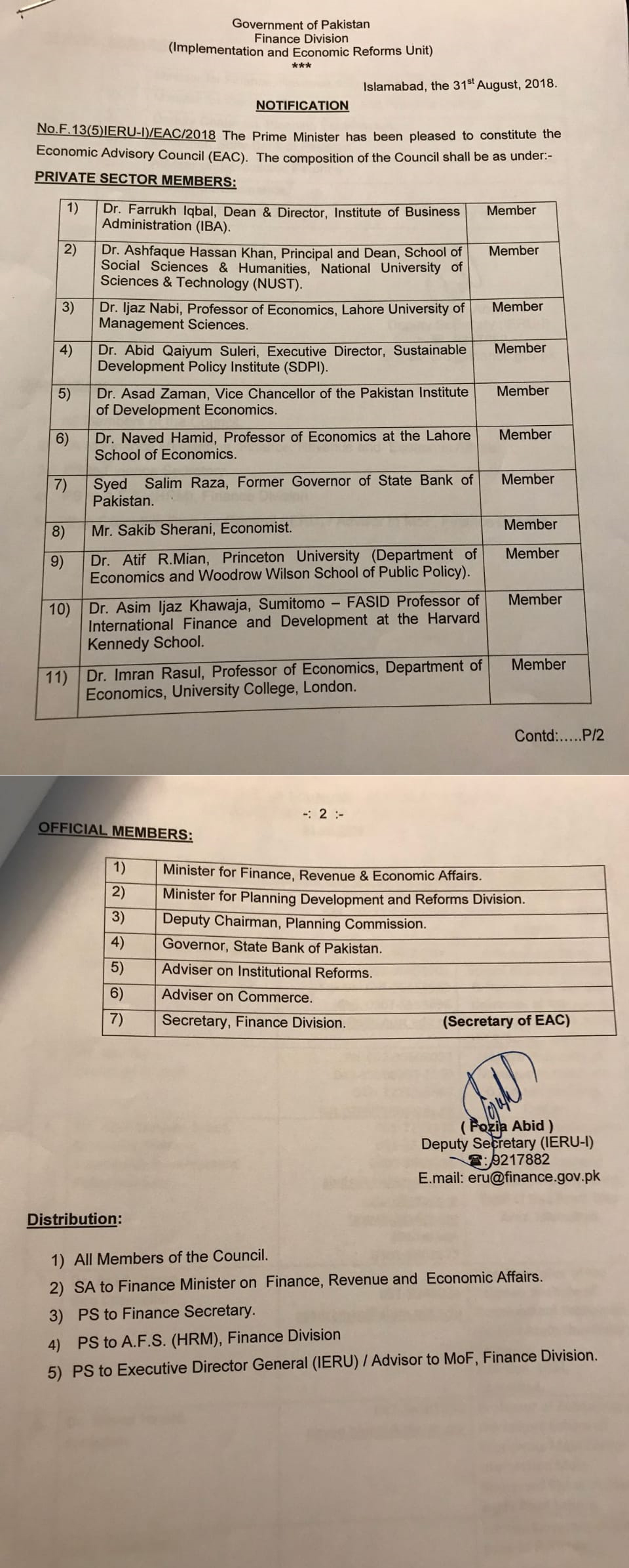 The Executive Director, IBA, Dr Farrukh Iqbal selected as a member of Economic Advisory Council