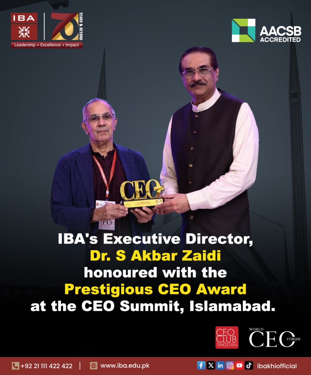 IBA’s Executive Director, Dr. S Akbar Zaidi, honoured with the Prestigious CEO Award at the CEO Summit, Islamabad