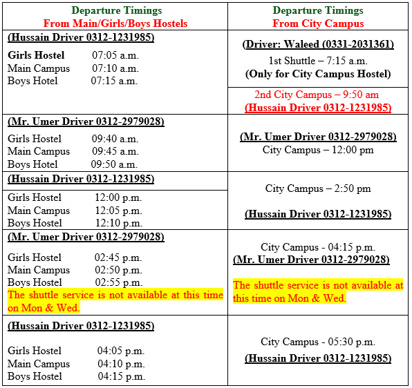 Shuttle Service Timing