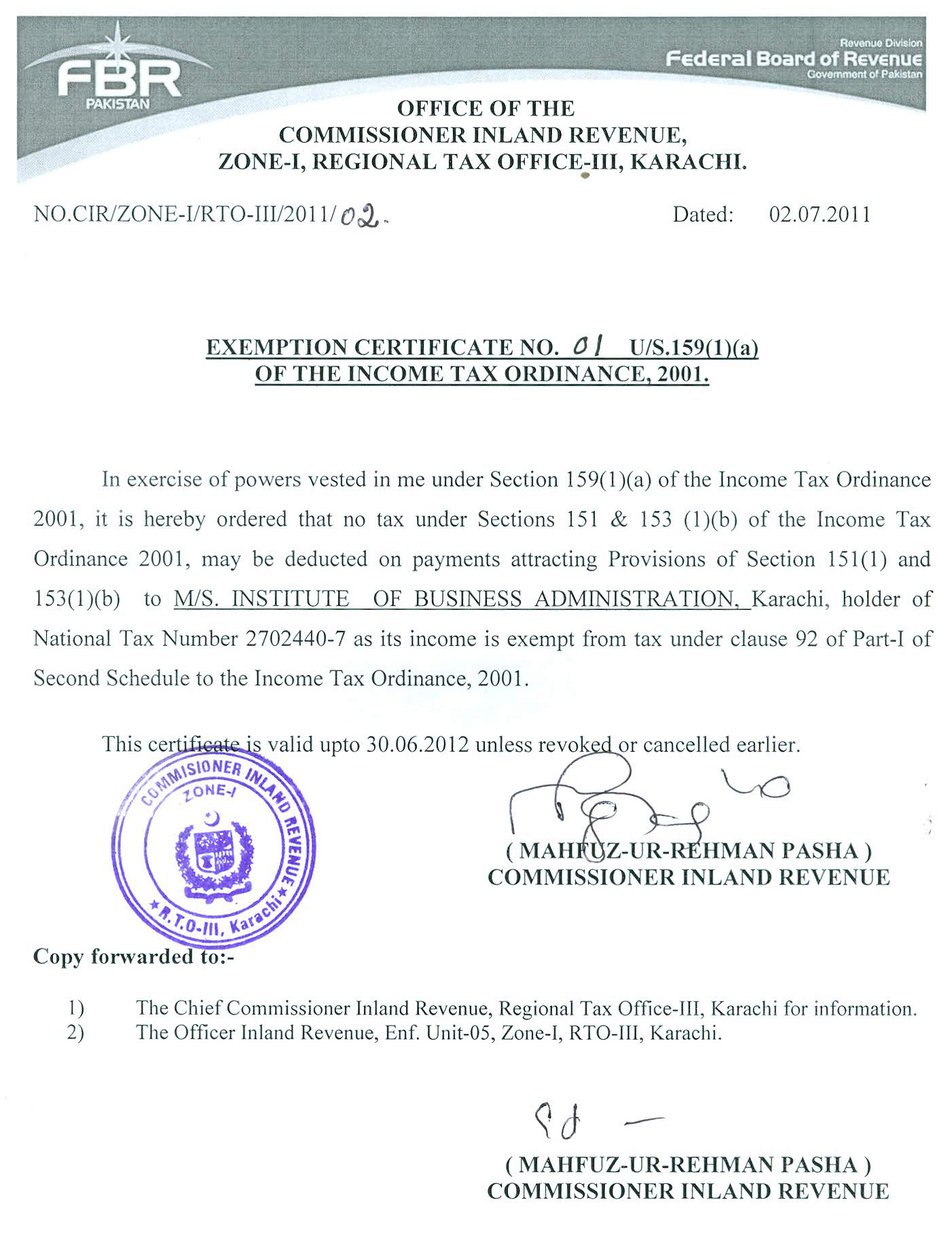 Income Tax Exemption Certificate 2011 12